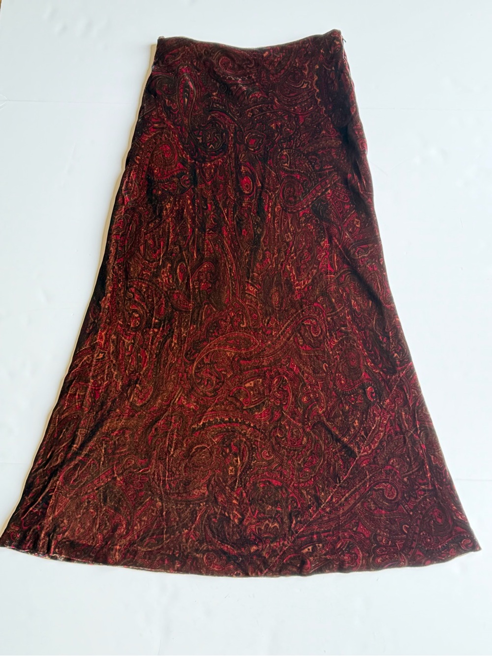 Lauren Ralph Lauren Velvet Paisley Midi Skirt Red Gold Silk Blend Size 4